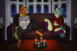 Size: 1280x853 | Tagged: safe, artist:pewas, derpibooru import, oc, unofficial characters only, anthro, unguligrade anthro, unicorn, big breasts, breasts, candle, chocolate, christmas, clothes, couch, digital art, ear piercing, female, food, headband, holiday, horn, hot chocolate, image, indoors, jpeg, lamp, looking at each other, mother and child, mother and daughter, pants, piercing, shirt, sitting, snow, socks, stockings, striped socks, tail, thigh highs, window