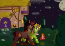 Size: 2100x1500 | Tagged: safe, artist:hemlock conium, derpibooru import, oc, pony, unicorn, background pony, clothes, costume, duo, female, halloween, halloween costume, holiday, image, jpeg, mare, night, nightmare night, warlock