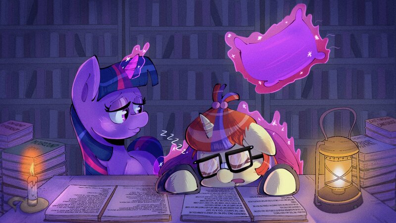 Size: 1920x1080 | Tagged: safe, artist:another_pony, derpibooru import, moondancer, twilight sparkle, pony, unicorn, all star (song), book, bookshelf, candle, cute, image, jpeg, lantern, pillow, sleeping, smiling, unicorn twilight