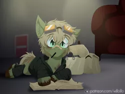 Size: 1600x1200 | Tagged: safe, artist:willoillo, derpibooru import, oc, oc:murky, unofficial characters only, pegasus, pony, fallout equestria, fallout equestria: murky number seven, bag, bandaid, book, clothes, drawing, fanfic art, goggles, image, lying down, male, mouth hold, pegasus oc, pen, png, prone, saddle bag, stallion, wings