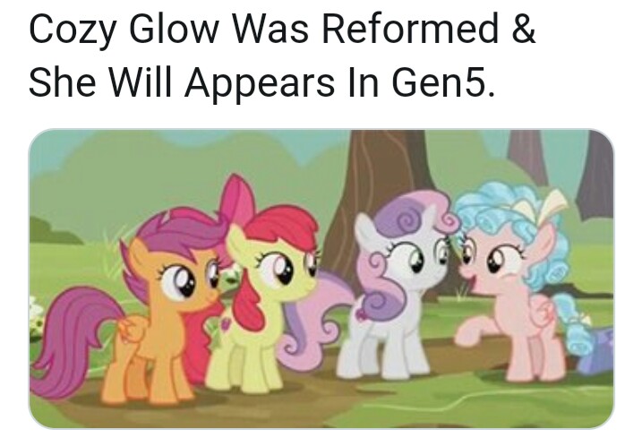 Size: 717x489 | Tagged: safe, derpibooru import, edit, edited screencap, screencap, apple bloom, cozy glow, scootaloo, sweetie belle, earth pony, pegasus, pony, unicorn, marks for effort, cutie mark crusaders, duckery in the comments, engrish, fake, faker than a three dollar bill, female, filly, grammatical error, image, jpeg, meta, raised hoof, simple background, white background, xitter