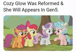 Size: 717x489 | Tagged: safe, derpibooru import, edit, edited screencap, screencap, apple bloom, cozy glow, scootaloo, sweetie belle, earth pony, pegasus, pony, unicorn, marks for effort, cutie mark crusaders, duckery in the comments, engrish, fake, faker than a three dollar bill, female, filly, grammar error, image, jpeg, meta, raised hoof, simple background, twitter, white background