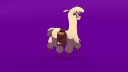 Size: 1920x1080 | Tagged: safe, artist:hitsuji, derpibooru import, oc, oc:shio (hitsuji), alpaca, them's fightin' herds, bag, cloven hooves, community related, eyewear, female, glasses, image, png, purple background, saddle bag, simple background, solo, tfh oc