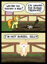 Size: 600x810 | Tagged: safe, artist:ewxep, artist:zicygomar, derpibooru import, carrot top, derpy hooves, golden harvest, cat, earth pony, pegasus, pony, alternate storyline, background pony, carrot top is not amused, comic, digging, duo, female, hat, hole, image, mare, png, pun, shovel, treasure (palace pets), unamused