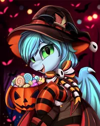 Size: 2550x3209 | Tagged: safe, artist:pridark, derpibooru import, part of a set, oc, oc:blackberry frost, bat pony, pony, bat pony oc, bat wings, candy, clothes, commission, food, halloween, hat, high res, holiday, image, jack-o-lantern, open mouth, png, pumpkin, pumpkin bucket, socks, solo, striped socks, wings, witch hat, ych result