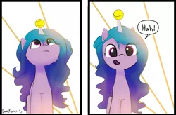 Size: 1287x842 | Tagged: safe, artist:davierocket, derpibooru import, izzy moonbow, pony, unicorn, my little pony: a new generation, spoiler:my little pony: a new adventure, 2 panel comic, comic, female, g5, horn, horn guard, horn impalement, hornball, image, izzy's tennis ball, looking at you, looking up, open mouth, png, simple background, smiling, speech bubble, starry eyes, tennis ball, text, wingding eyes