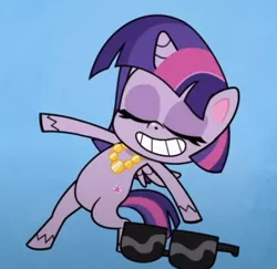 Size: 452x439 | Tagged: safe, derpibooru import, screencap, twilight sparkle, twilight sparkle (alicorn), alicorn, pony, my little pony: pony life, bipedal, cropped, dancing, eyes closed, female, image, jewelry, necklace, png, pose, smiling, solo, sportacular spectacular musical musak-ular, sunglasses, we shine brighter together