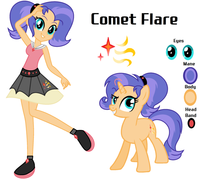 Size: 2068x1834 | Tagged: safe, artist:stellamoonshine, derpibooru import, oc, oc:comet flare, pony, unicorn, equestria girls, clothes, female, human ponidox, image, mare, offspring, parent:flash sentry, parent:twilight sparkle, parents:flashlight, png, reference sheet, self ponidox, shirt, simple background, skirt, solo, transparent background