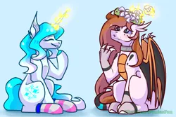 Size: 3000x2000 | Tagged: safe, artist:redheartponiesfan, derpibooru import, oc, oc:dark claw, oc:snow piece, unofficial characters only, dracony, dragon, hybrid, pony, unicorn, blue background, clothes, female, floral head wreath, flower, image, magic, mare, png, simple background, socks