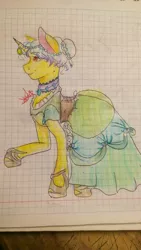 Size: 920x1632 | Tagged: safe, artist:beyond_inside, derpibooru import, oc, oc:snow t. chaos, unofficial characters only, pony, unicorn, choker, clothes, dress, graph paper, horn, image, jpeg, raised hoof, signature, solo, traditional art, unicorn oc