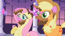 Size: 1280x720 | Tagged: safe, derpibooru import, screencap, applejack, fluttershy, pegasus, pony, sweet and elite, balloon, cake, cake in hair, cake on ear, cake on face, canterlot, covered in cake, duo, duo focus, food, image, open mouth, png, raised hoof, raised hooves, shocked, shocked face