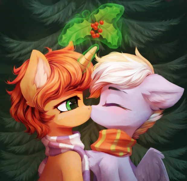 Size: 3000x2907 | Tagged: safe, artist:inowiseei, derpibooru import, oc, unofficial characters only, pegasus, pony, unicorn, female, holly, holly mistaken for mistletoe, image, kissing, magic, mare, png
