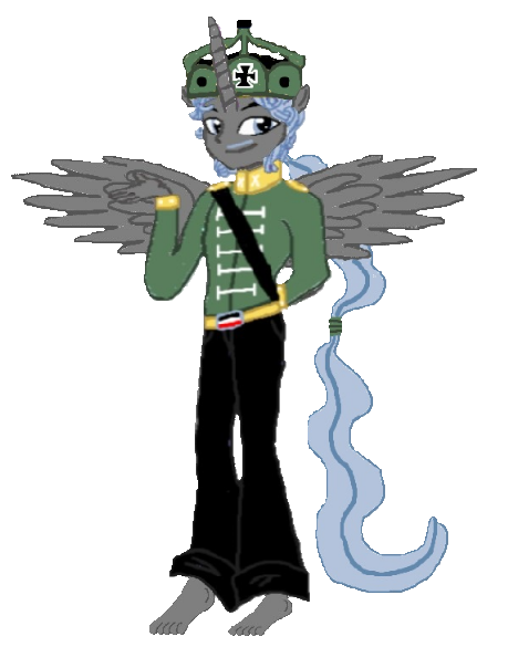 Size: 459x585 | Tagged: safe, artist:loomytyranny, derpibooru import, alicorn, hybrid, equestria girls, barefoot, crown, feet, germania kaiser, germany, image, jewelry, monarch, monarchist, png, ponytail, regalia, tyrant, wings