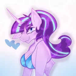 Size: 600x600 | Tagged: suggestive, alternate version, artist:junko, derpibooru import, starlight glimmer, anthro, pony, semi-anthro, art, bra, breasts, bust, chest fluff, clothes, cutie mark, cutie mark on clothes, digital art, female, floppy ears, image, implied trixie, looking at you, mare, png, signature, simple background, smiling, solo, swimsuit, underwear, underwear swap, white background