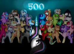 Size: 1080x796 | Tagged: safe, artist:rxndxm.artist, derpibooru import, oc, oc:shooting star, unofficial characters only, pegasus, pony, unicorn, :p, choker, ethereal mane, female, glowing horn, group, horn, image, jpeg, mare, milestone, pegasus oc, smiling, starry mane, tongue out, unicorn oc, wings