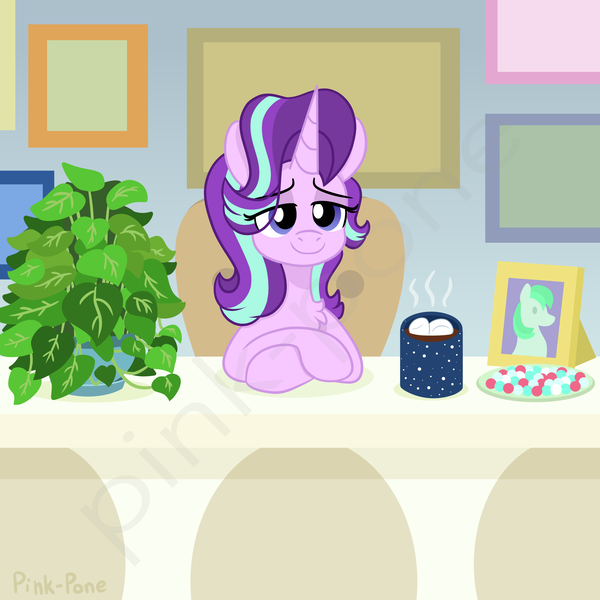 Size: 3000x3000 | Tagged: safe, artist:pink-pone, derpibooru import, phyllis, starlight glimmer, unicorn, chair, chest fluff, chocolate, empathy cocoa, food, hot chocolate, image, marshmallow, philodendron, plant, png, solo, watermark