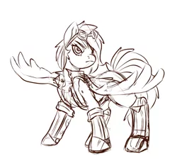 Size: 2384x2160 | Tagged: safe, artist:brainiac, derpibooru import, oc, oc:atom smasher, cyborg, pegasus, pony, comic:the sunjackers, the sunjackers, clothes, cybernetic legs, derpibooru exclusive, female, grayscale, image, mare, monochrome, png, simple background, sketch, solo, white background