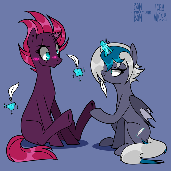 Size: 4000x4000 | Tagged: safe, artist:bonpikabon, artist:icey-wicey-1517, color edit, derpibooru import, edit, fizzlepop berrytwist, tempest shadow, oc, oc:elizabat stormfeather, alicorn, bat pony, bat pony alicorn, pony, unicorn, alicorn oc, bat pony oc, bat wings, blue background, blushing, broken horn, canon x oc, collaboration, colored, eye scar, feather, female, fetish, glowing horn, hoof fetish, hoof hold, horn, image, lesbian, levitation, magic, mare, nervous, png, raised hoof, raised leg, scar, shipping, simple background, sitting, smiling, smirk, stormshadow, telekinesis, tickle fetish, tickle torture, tickling, wall of tags, wings