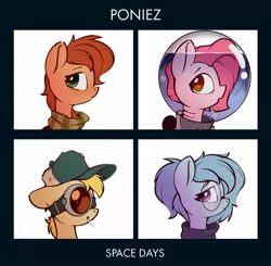 Size: 1328x1300 | Tagged: safe, artist:rexyseven, derpibooru import, oc, oc:drillie stone, oc:koraru koi, oc:rusty gears, oc:whispy slippers, unofficial characters only, pony, sea pony, album parody, baseball cap, cap, clothes, demon days, female, glasses, goggles, gorillaz, hat, helmet, image, jpeg, looking at you, mare, profile, scarf, sweater