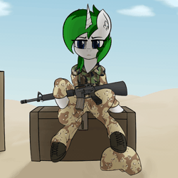 Size: 1990x1990 | Tagged: safe, artist:czu, derpibooru import, oc, oc:baron, unofficial characters only, animated, assault rifle, boots, clothes, desert storm, gif, gun, helmet, image, m16, m16a2, military uniform, rifle, shoes, sitting, uniform, weapon