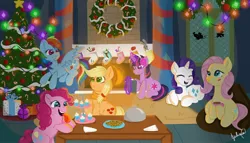 Size: 2408x1380 | Tagged: safe, artist:julie25609, derpibooru import, applejack, fluttershy, pinkie pie, rainbow dash, rarity, twilight sparkle, alicorn, earth pony, pegasus, pony, a hearth's warming tail, book, christmas, christmas stocking, christmas tree, christmas wreath, cookie, fire, fireplace, food, holiday, image, jpeg, mane six, present, tongue out, tree, window, wreath