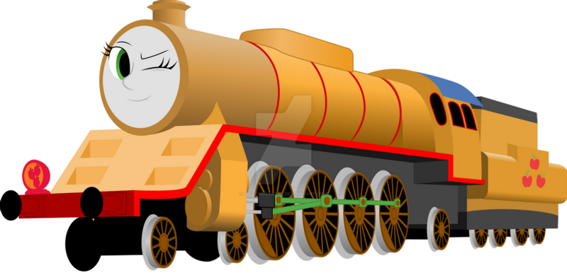 Size: 1280x633 | Tagged: safe, artist:artthriller94, derpibooru import, applejack, equestria girls, deviantart watermark, image, inanimate tf, locomotive, not salmon, obtrusive watermark, one eye closed, png, thomas the tank engine, train, trainified, transformation, wat, watermark, why, wink