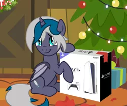 Size: 2500x2083 | Tagged: safe, artist:oyks, derpibooru import, oc, oc:elizabat stormfeather, unofficial characters only, alicorn, bat pony, bat pony alicorn, pony, alicorn oc, bat pony oc, bat wings, box, christmas, christmas lights, christmas tree, christmas wreath, commission, console, controller, cute, female, holiday, horn, image, mare, ocbetes, playstation 5, png, present, raised hoof, sitting, solo, tree, wings, wreath, ych example, ych result, your character here