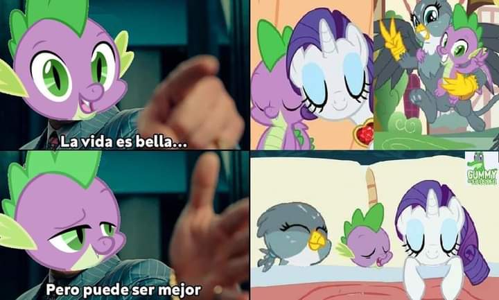 Size: 720x433 | Tagged: safe, derpibooru import, edit, edited screencap, screencap, gabby, rarity, spike, dragon dropped, secret of my excess, bisexual, female, image, jpeg, lesbian, life is good but it can be better, male, meme, polyamory, shipping, spabby, spanish, sparibby, sparity, spike gets all the mares, straight, wonder woman 1984