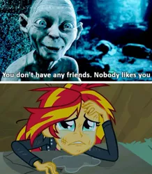 Size: 735x841 | Tagged: safe, derpibooru import, edit, edited screencap, screencap, sunset shimmer, equestria girls, equestria girls (movie), abuse, crying, gollum, image, jpeg, lord of the rings, op is a duck, op is trying to start shit, op is trying too hard, sad, shimmerbuse, sunsad shimmer