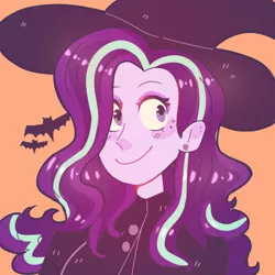 Size: 888x888 | Tagged: safe, artist:sephiia, derpibooru import, starlight glimmer, bat, equestria girls, bust, clothes, costume, cute, female, freckles, glimmerbetes, halloween, halloween costume, hat, holiday, image, orange background, png, simple background, smiling, solo, witch, witch hat