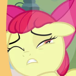 Size: 1080x1080 | Tagged: safe, derpibooru import, screencap, apple bloom, earth pony, pony, bloom and gloom, cropped, female, filly, floppy ears, image, one eye closed, png, solo, worried