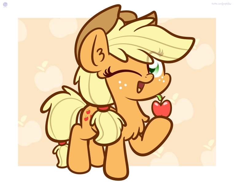 Size: 3250x2560 | Tagged: safe, artist:kimjoman, derpibooru import, applejack, earth pony, pony, apple, applejack's hat, chest fluff, chibi, cowboy hat, cute, ear fluff, food, freckles, hat, hoof hold, image, jackabetes, jpeg, looking at you, one eye closed, open mouth, raised hoof, smiling, solo, wink