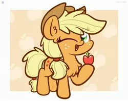 Size: 3250x2560 | Tagged: safe, artist:kimjoman, derpibooru import, applejack, earth pony, pony, apple, applejack's hat, chest fluff, chibi, cowboy hat, cute, ear fluff, food, freckles, hat, hoof hold, image, jackabetes, jpeg, looking at you, one eye closed, open mouth, raised hoof, smiling, solo, wink
