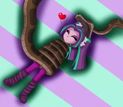 Size: 1823x1597 | Tagged: safe, artist:jerrydestrtoyer, derpibooru import, aria blaze, snake, equestria girls, clothes, coils, crossover, duo, eyes closed, female, floating heart, heart, image, imminent vore, jpeg, kaa, male, open mouth, shoes, smiling, the jungle book, wrapped up