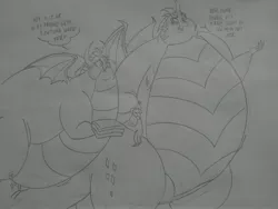 Size: 2592x1944 | Tagged: suggestive, artist:princebluemoon3, derpibooru import, princess ember, smolder, dragon, series:a field trip to the world of yummy desserts, belly, big belly, dragoness, dragonlard ember, duo, duo female, fat, female, grayscale, huge belly, image, jpeg, monochrome, obese, open mouth, sblobder, sketch, towel, traditional art, water bottle, weight gain, weight gain sequence