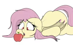 Size: 1124x688 | Tagged: safe, artist:blitzyflair, derpibooru import, fluttershy, bat pony, pony, apple, bat ponified, eyelashes, face down ass up, fangs, female, flutterbat, food, image, jpeg, licking, looking at something, lying down, mare, open mouth, race swap, simple background, solo, tongue out, white background