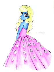 Size: 2262x3017 | Tagged: safe, artist:liaaqila, derpibooru import, oc, oc:azure/sapphire, unofficial characters only, equestria girls, clothes, clothes swap, costume conundrum: rarity, crossdressing, dress, image, jpeg, looking at you, looking over shoulder, princess costume, simple background, smiling, solo, traditional art, white background