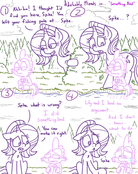 Size: 4779x6013 | Tagged: safe, artist:adorkabletwilightandfriends, derpibooru import, lily, lily valley, spike, starlight glimmer, dragon, pony, unicorn, comic:adorkable twilight and friends, adorkable, adorkable friends, argument, bush, cloud, comic, crying, cute, dating, dilemma, dork, forest, friendship, image, lake, love, nature, outdoors, overcast, png, reflection, relationship, relationships, sad, sitting, tree, unsettled, upset, water
