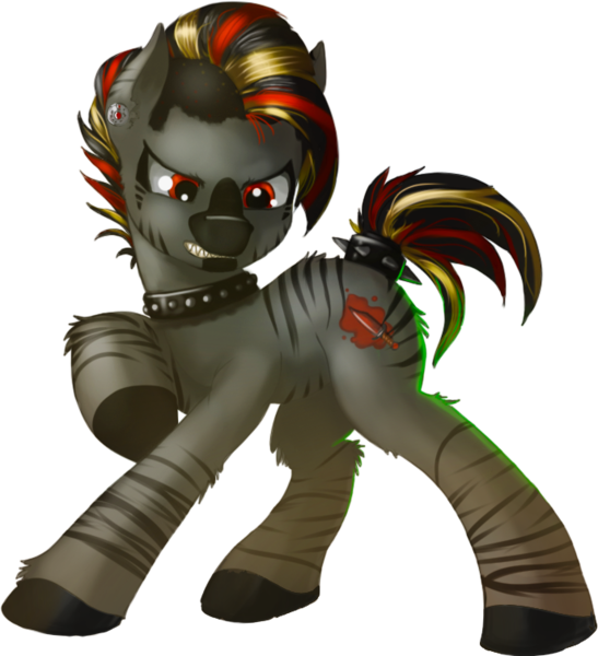 Size: 688x754 | Tagged: safe, artist:demondesigner, artist:firehearttheinferno, derpibooru import, oc, oc:bg, oc:bloody gash, oc:ruby, unofficial characters only, hybrid, pony, zony, black hooves, black mane, blaze (coat marking), choker, collaboration, collar, colored muzzle, cutie mark, dagger, dirty, dust, ear piercing, earring, female, filly, gray coat, growling, highlights, hybrid oc, image, jewelry, mohawk, multicolored hair, part of a full image, piercing, png, red eyes, sharp teeth, simple background, spiked collar, stripes, studded choker, teenager, teeth, transparent background, weapon, zony oc