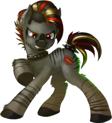 Size: 688x754 | Tagged: safe, artist:demondesigner, artist:firehearttheinferno, derpibooru import, oc, oc:bg, oc:bloody gash, oc:ruby, unofficial characters only, hybrid, pony, zony, black hooves, black mane, blaze (coat marking), choker, collaboration, collar, colored muzzle, cutie mark, dagger, dirty, dust, ear piercing, earring, female, filly, gray coat, growling, highlights, hybrid oc, image, jewelry, mohawk, multicolored hair, part of a full image, piercing, png, red eyes, sharp teeth, simple background, spiked collar, stripes, studded choker, teenager, teeth, transparent background, weapon, zony oc