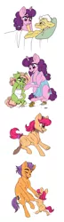 Size: 720x2517 | Tagged: safe, artist:celestial-rainstorm, derpibooru import, grand pear, sugar belle, tender taps, oc, oc:chrysanthemum, oc:pippin, earth pony, pony, cute, father and child, father and daughter, female, filly, food, image, jpeg, male, muffin, ocbetes, offspring, parent:apple bloom, parent:big macintosh, parents:sugarmac, parents:tenderbloom, parent:sugar belle, parent:tender taps, sugarbetes, sweet dreams fuel