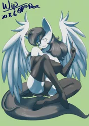 Size: 1062x1505 | Tagged: safe, alternate version, artist:ero-bee, derpibooru import, oc, unofficial characters only, anthro, pegasus, unguligrade anthro, clothes, evening gloves, eyelashes, gloves, gray background, image, jpeg, latex, latex gloves, latex socks, latex suit, long gloves, pegasus oc, signature, simple background, sitting, smiling, socks, solo, wings