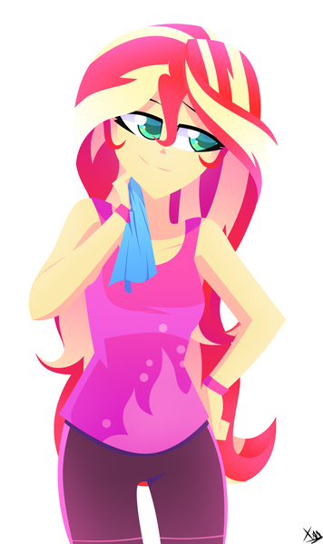 Size: 1938x3264 | Tagged: safe, artist:xan-gelx, derpibooru import, sunset shimmer, equestria girls, equestria girls series, spoiler:eqg series (season 2), clothes, image, jpeg, pants, simple background, sleeveless, tanktop, towel, wake up!: rainbow dash, white background, yoga, yoga pants