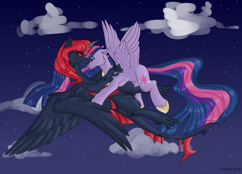 Size: 4079x2933 | Tagged: safe, artist:failure, derpibooru import, twilight sparkle, twilight sparkle (alicorn), oc, oc:king phoenix embers, alicorn, pony, commission, female, flight, image, male, mare, night, png, red changeling, stallion, ych result