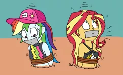 Size: 1631x1000 | Tagged: safe, artist:bugssonicx, derpibooru import, rainbow dash, sunset shimmer, equestria girls, abuse, bondage, bound and gagged, cap, clothes, damsel in distress, dashabuse, dashsub, duct tape, duo, duo female, female, femsub, gag, hat, image, imminent death, peril, png, quicksand, rainbow dash's beach shorts swimsuit, rope, rope bondage, shimmerbuse, sleeveless, submissive, subset, sunset shimmer's beach shorts swimsuit, swimsuit, tape, tape gag, this will end in death, this will not end well, tied up