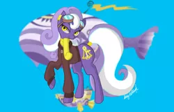 Size: 3045x1970 | Tagged: safe, artist:inkynotebook, derpibooru import, oc, oc:aether naut, unofficial characters only, earth pony, pony, airship, bedroom eyes, blue background, clothes, earth pony oc, female, goggles, image, jpeg, mare, raised hoof, scarf, signature, simple background, solo