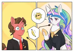 Size: 2000x1400 | Tagged: safe, artist:sugarelement, derpibooru import, princess celestia, oc, oc:banana pie, alicorn, unicorn, :i, banana, clothes, female, food, handkerchief, image, microphone, necktie, png, speech bubble, suit, sun, sunglasses, that pony sure does love bananas