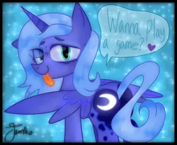 Size: 1100x900 | Tagged: safe, artist:junko, derpibooru import, princess luna, alicorn, pony, :p, blue background, butt, cute, dialogue, digital art, eye clipping through hair, eye shimmer, female, floppy ears, glowing cutie mark, heart, image, implied gamer luna, looking at you, looking back, looking back at you, lunabetes, mare, missing accessory, moonbutt, png, s1 luna, signature, simple background, solo, speech bubble, spread wings, starry background, tongue out, wings