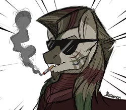 Size: 4096x3582 | Tagged: safe, artist:besomb1tch, derpibooru import, oc, zebra, fallout equestria, cigarette, foe, glasses, image, male, png, shaman, sketch, smoke, solo, zebra oc