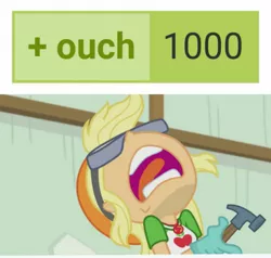 Size: 1143x1088 | Tagged: safe, derpibooru import, edit, screencap, applejack, human, derpibooru, constructive criticism, equestria girls, equestria girls series, aaugh!, female, hammer, image, jpeg, meta, milestone, nose in the air, open mouth, ouch, pain, safety goggles, screaming, solo, tags